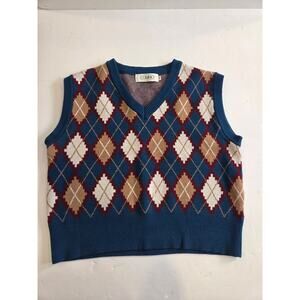CIDER Argyle Cropped Sweater Vest Teal Brown Cream Sleeveless Medium